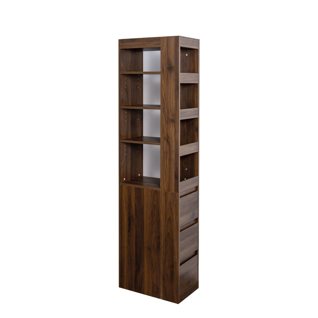 70.87' H Display Storage  Cabinet , 4-Tier Shelf, 3 Side Drawers & 4 small display shelves , Modern Wooden Tall Bookshelf Bookcase for Living Room Home Office