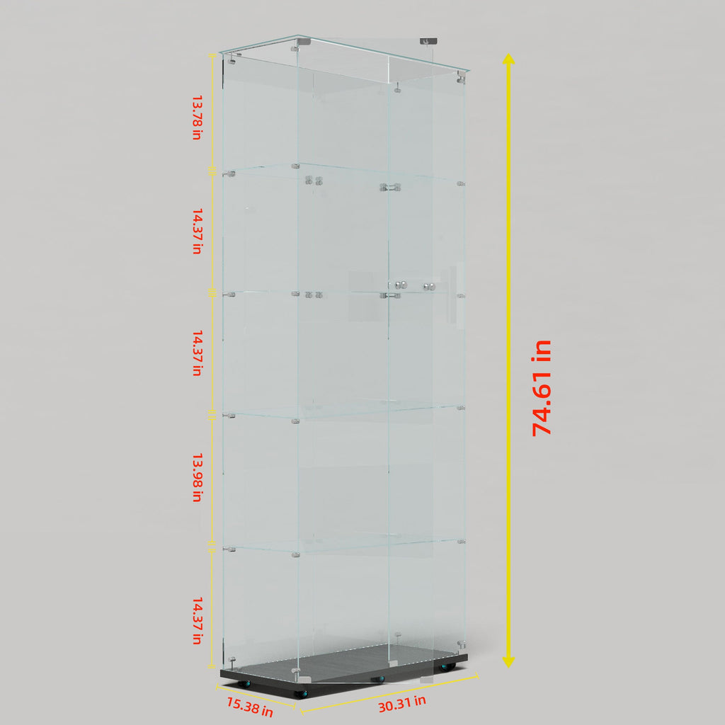 Tempered Glass Display Cabinet, Wine Cabinet, Storage Cabinet, File Cabinet with Bluetooth LED Light Strips, Lock on Door, Tempered Glass Top, Casters at Bottom for Easy Movement, Color: Black