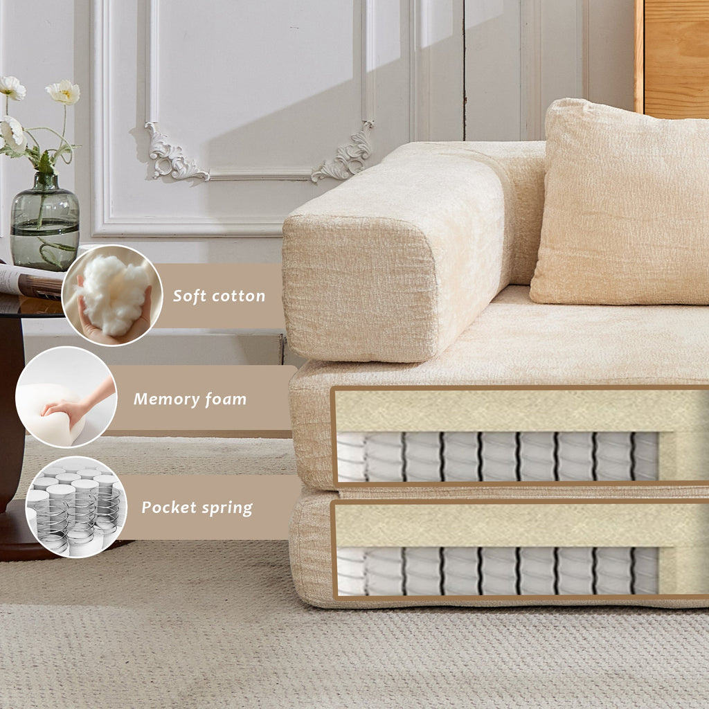 Compression Sofa,Convertible Floor Sofa Bed with Fixed-Shape Frame, Boneless Modular Sectional Sofa,No Assembly Required,Chenille fabric,for Living Room Bedroom,Beige