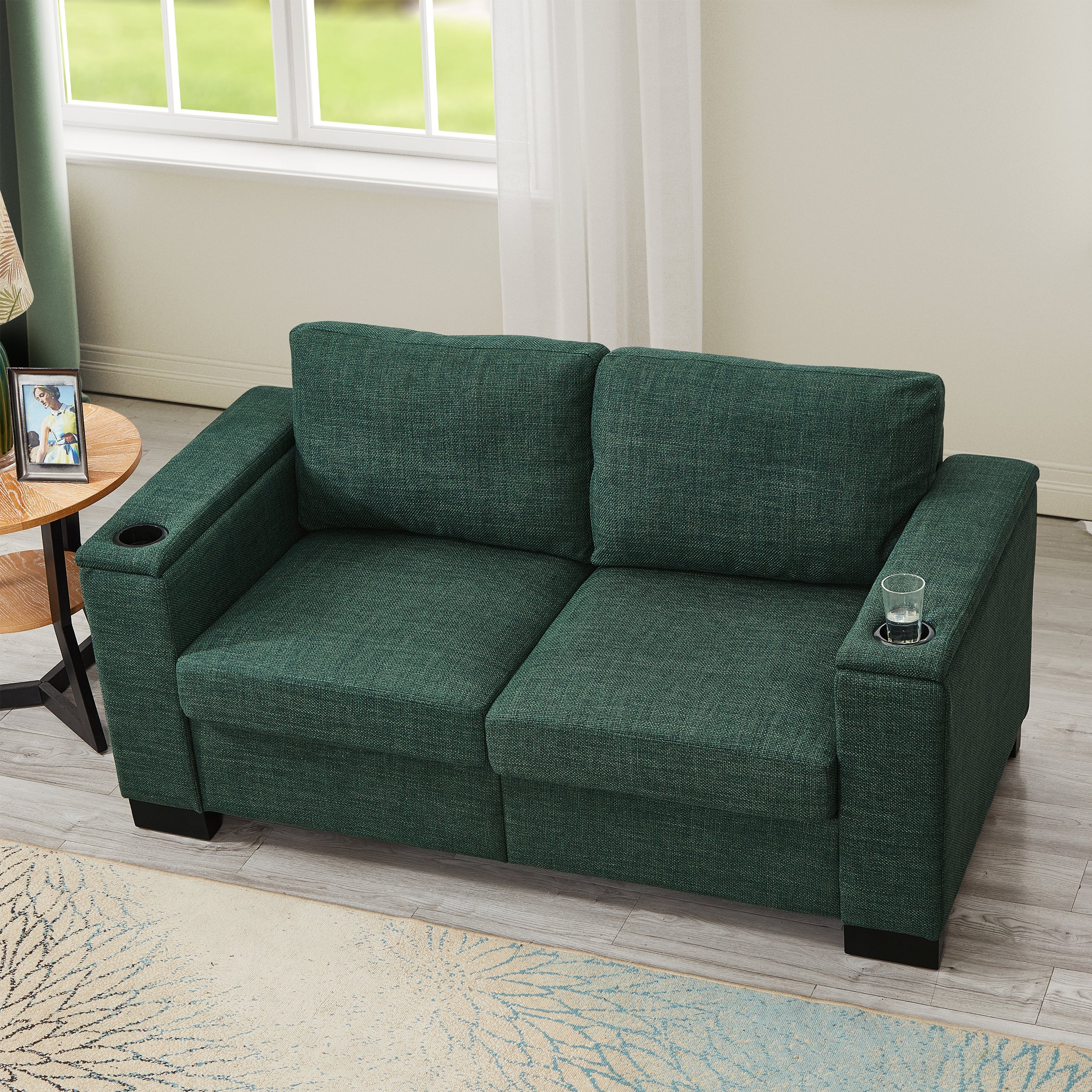 Two Pieces 2+3 Seater Sofa Modern Style Living Room Sofa Fabric Couch,Square Arm Sofa with Cup Holder,Storage Sofa,Upholstered Polyester Green
