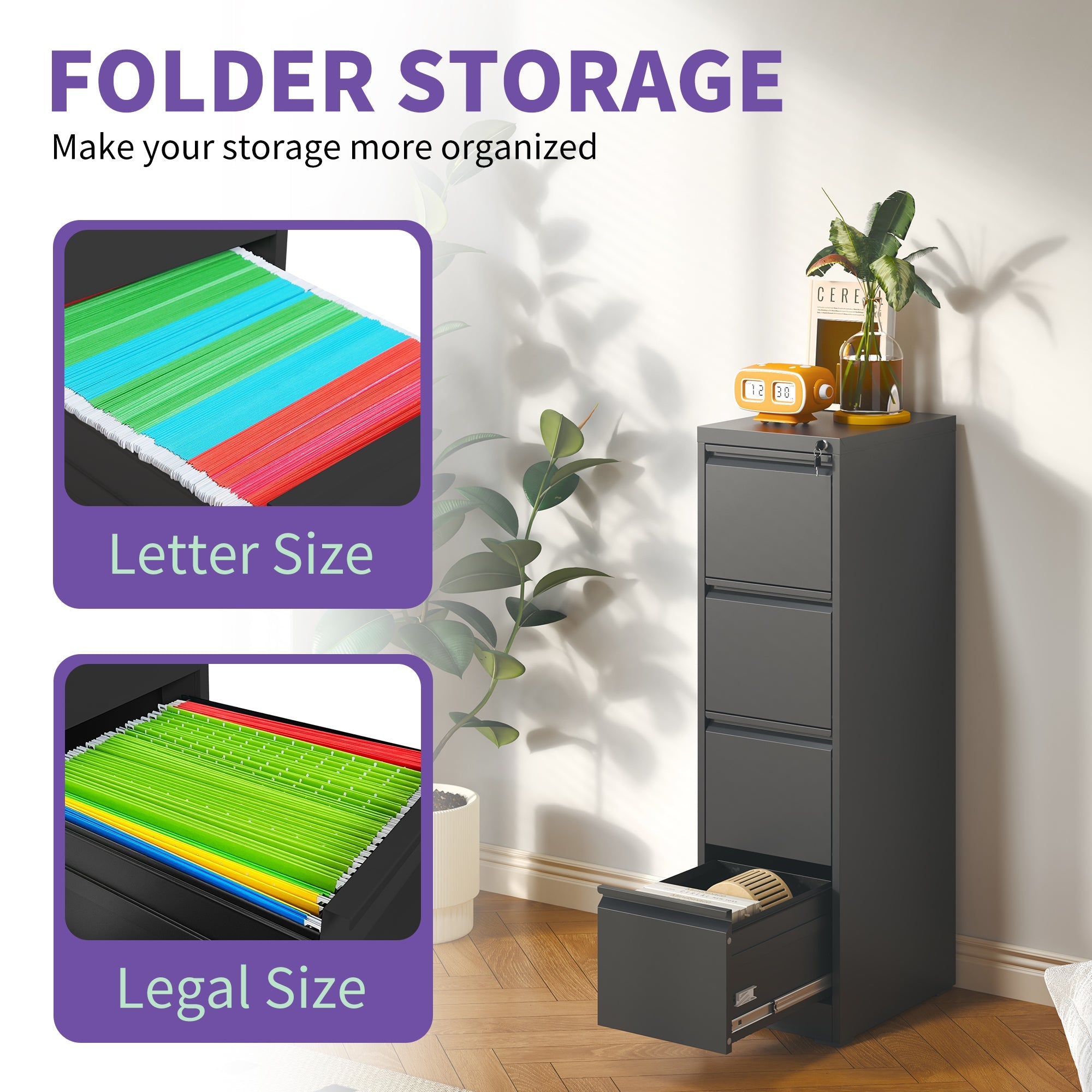 SteelCraft Pro 4 Drawer Metal Vertical File Cabinet with Lock for A4 Legal/Letter Size, Black Metal