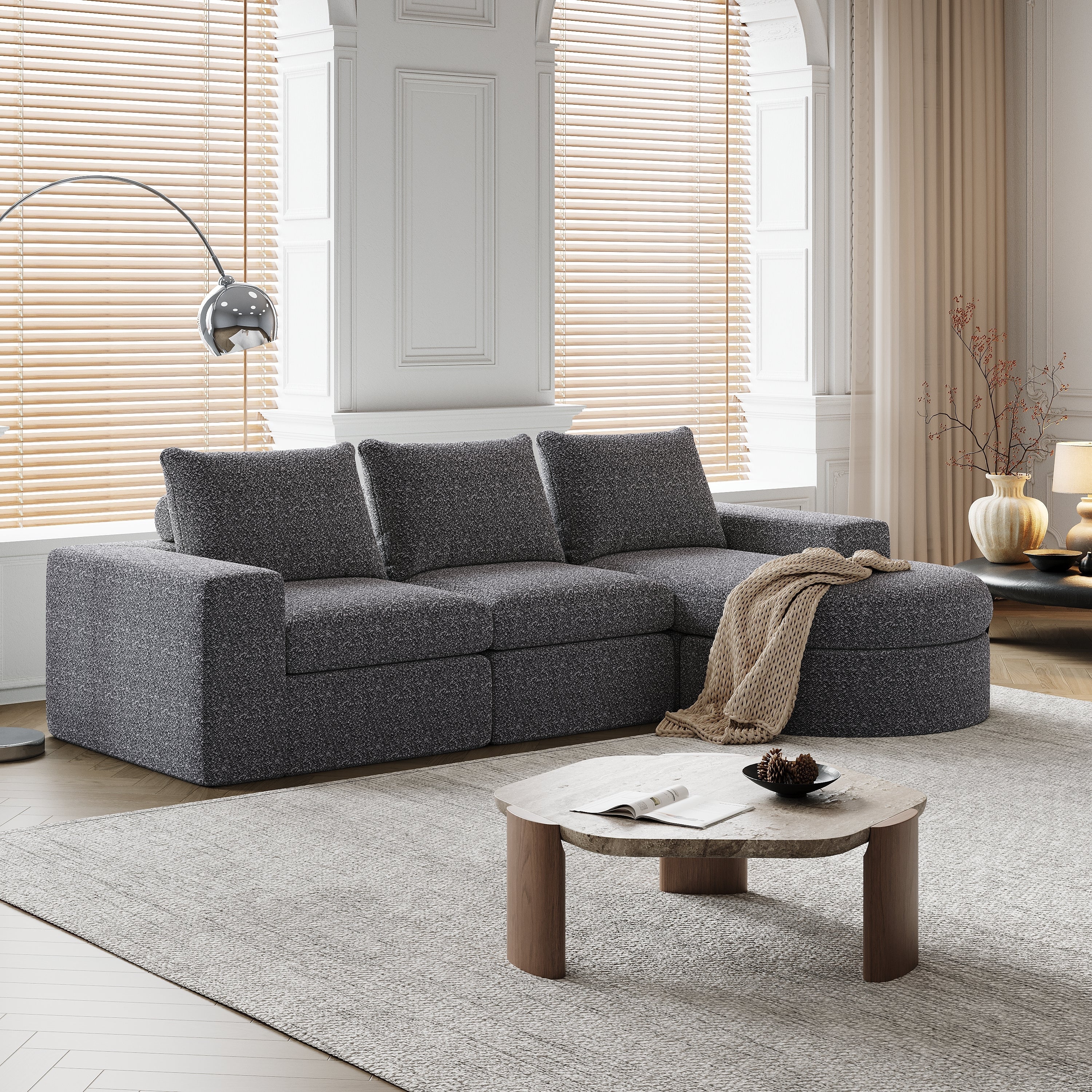 99-Inch Chenille Cloud Curved Sectional Sofa with Chaise, L-Shaped Modern Boneless Couch with Deep Seats, Chenille Sectional Sofa for Living Room and Bedroom, No Assembly Required
