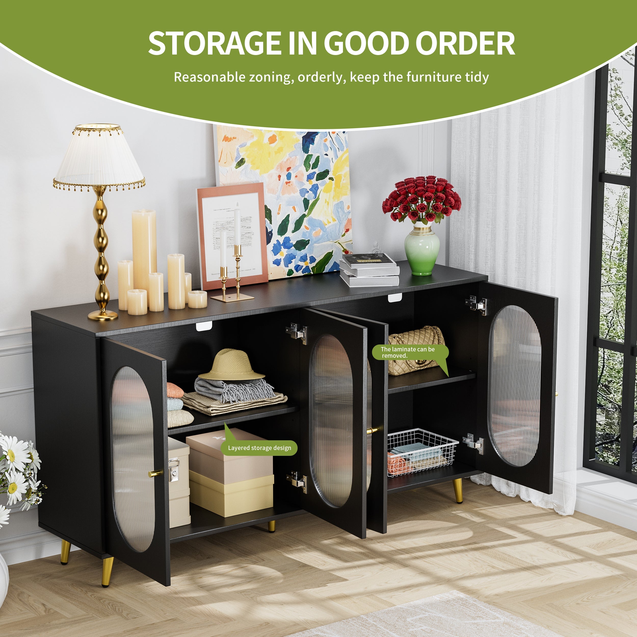 Modern Accent Sideboard Cabinet with Acrylic Doors, Freestanding Storage Cupboard Console Table for Kitchen Dining Living Room Hallway Office, Black