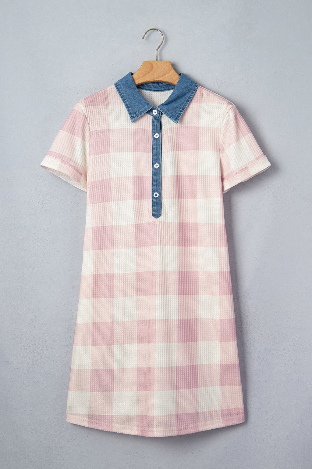 Plaid Contrast Denim Collared T-Shirt Mini Dress