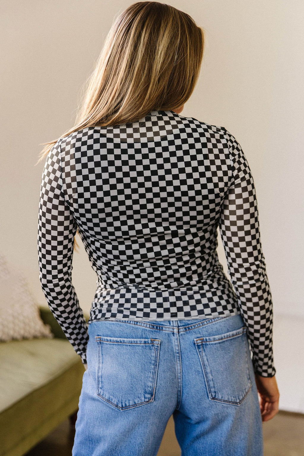 Checker Stand Neck Long Sleeve Mesh Top