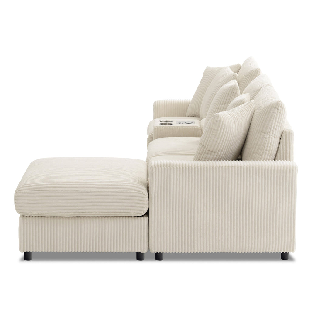 Modular Corduroy Sectional Sofa with Bluetooth Speakers, USB Charger, Cup Holders, Storage, Ottoman, 114*64'' Cream