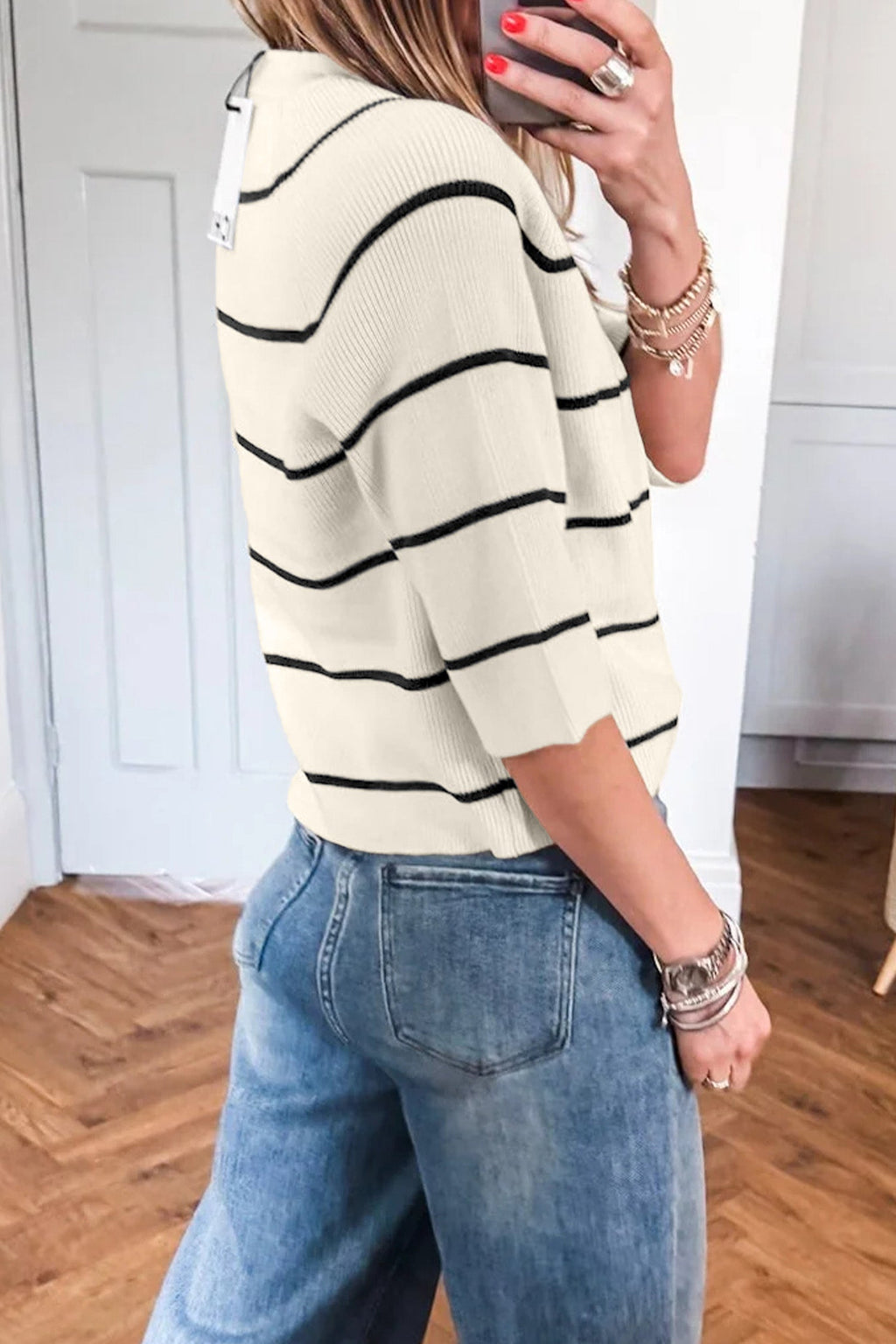 Stripe Ribbed Knit 3/4 Sleeve Sweater Tee