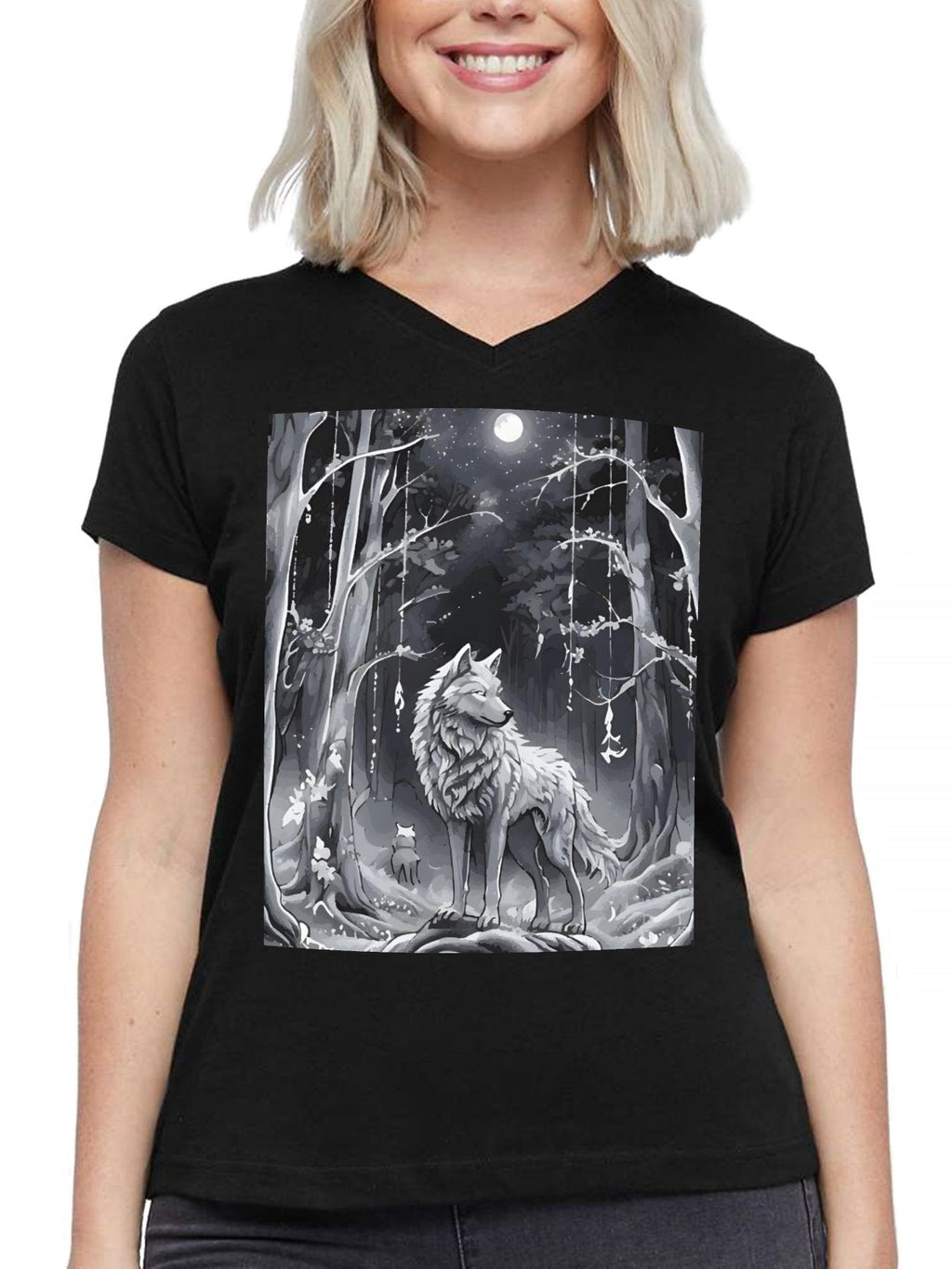 Ethereal Wolf in the Moonlight Cotton V-neck T-shirt for Women (Front Printing)