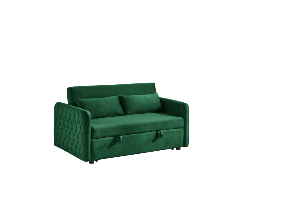 55' Modern Convertible Sofa Bed with 2 Detachable Arm Pockets, Velvet Loveseat Sofa with Pull Out Bed, 2 Pillows and Living Room Adjustable Backrest, Grid Design Armrests