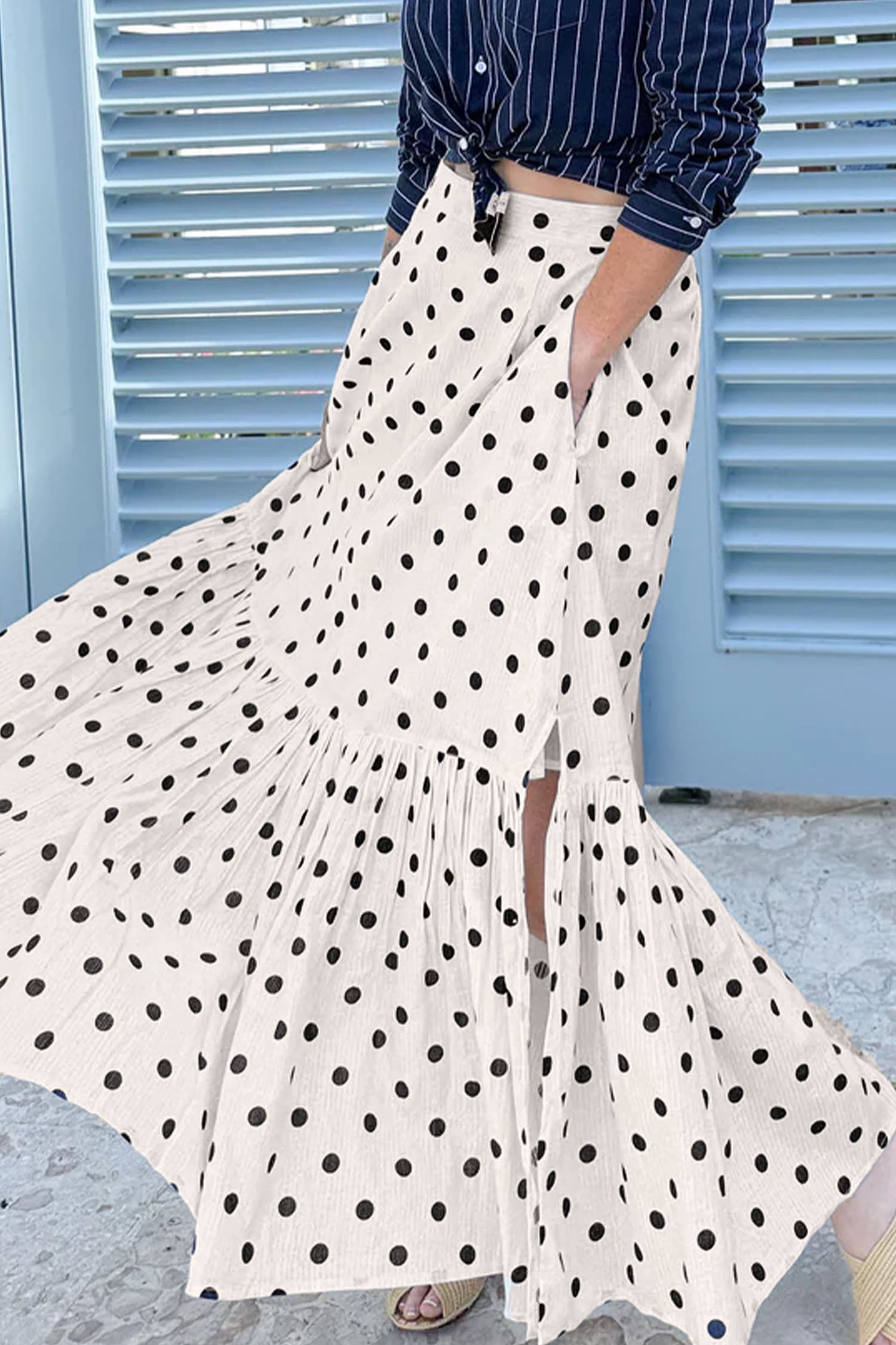 Polka Dot Ruffle Side Slit Maxi Skirt