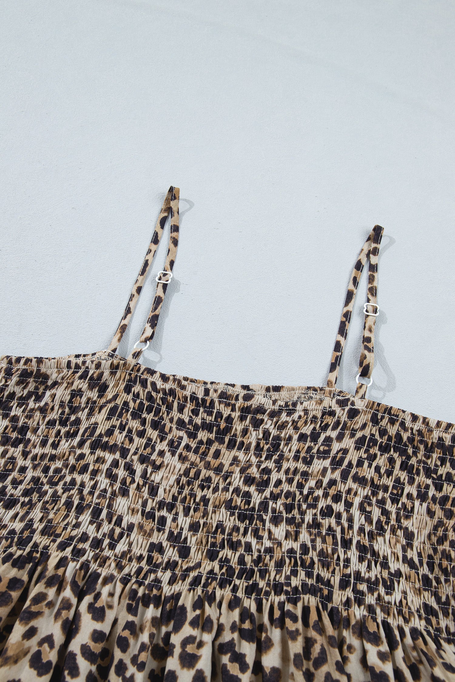 Leopard Shirred Ruffle Spaghetti Strap Tank Top