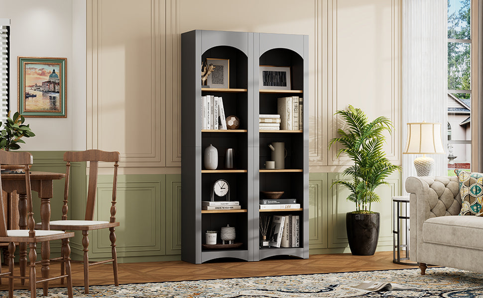 ON-TREND Free Standing 5 Tier Bookshelves, Bookcases Set of 2, Farmhouse Two-Tone Storage Cabinet with Adjustable Shelves, Modern 72'H Kitchen Pantry Cabinet for Living Room, Home Office, Grey