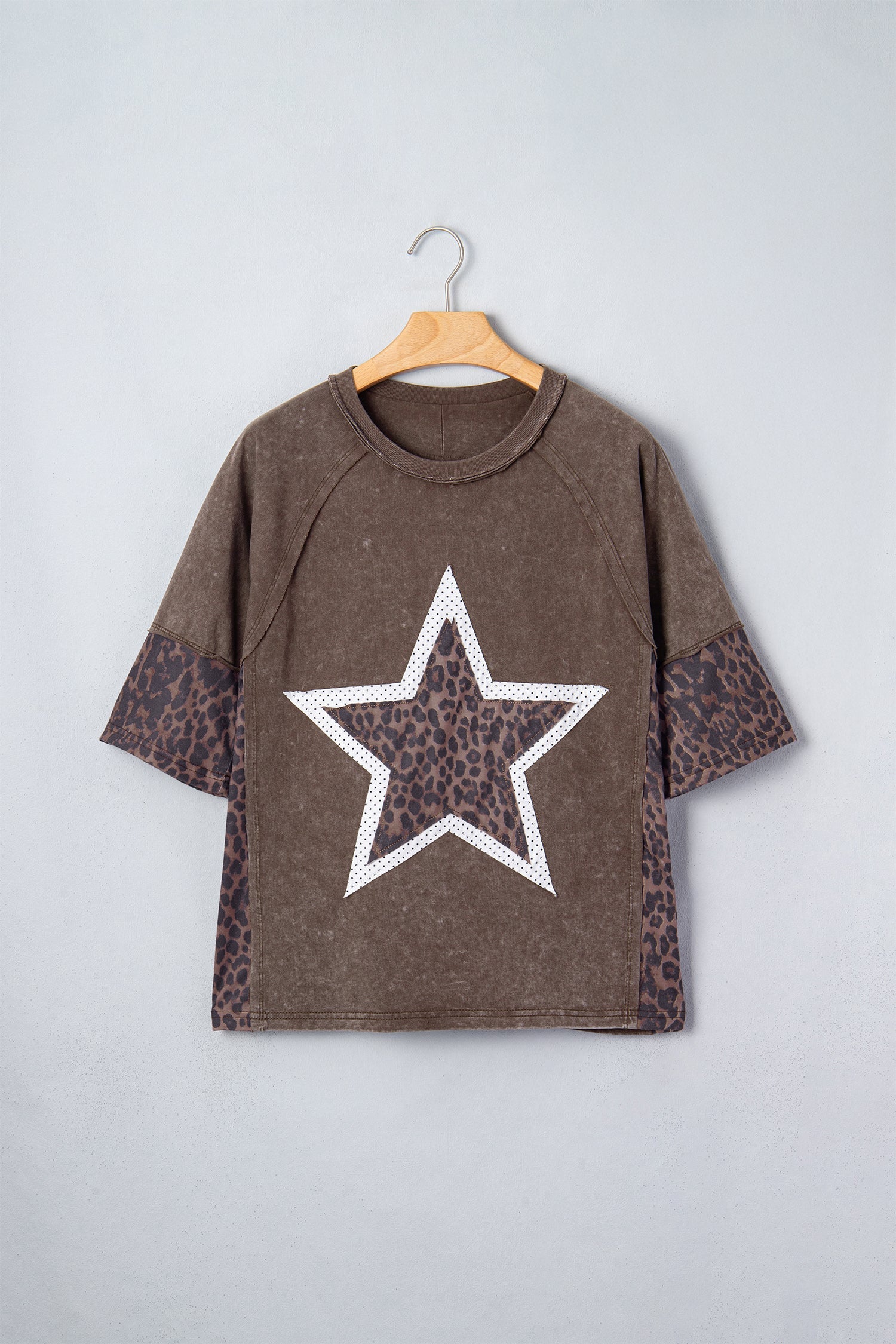 Leopard Star Patched Mineral Wash Exposed Seam T-Shirt
