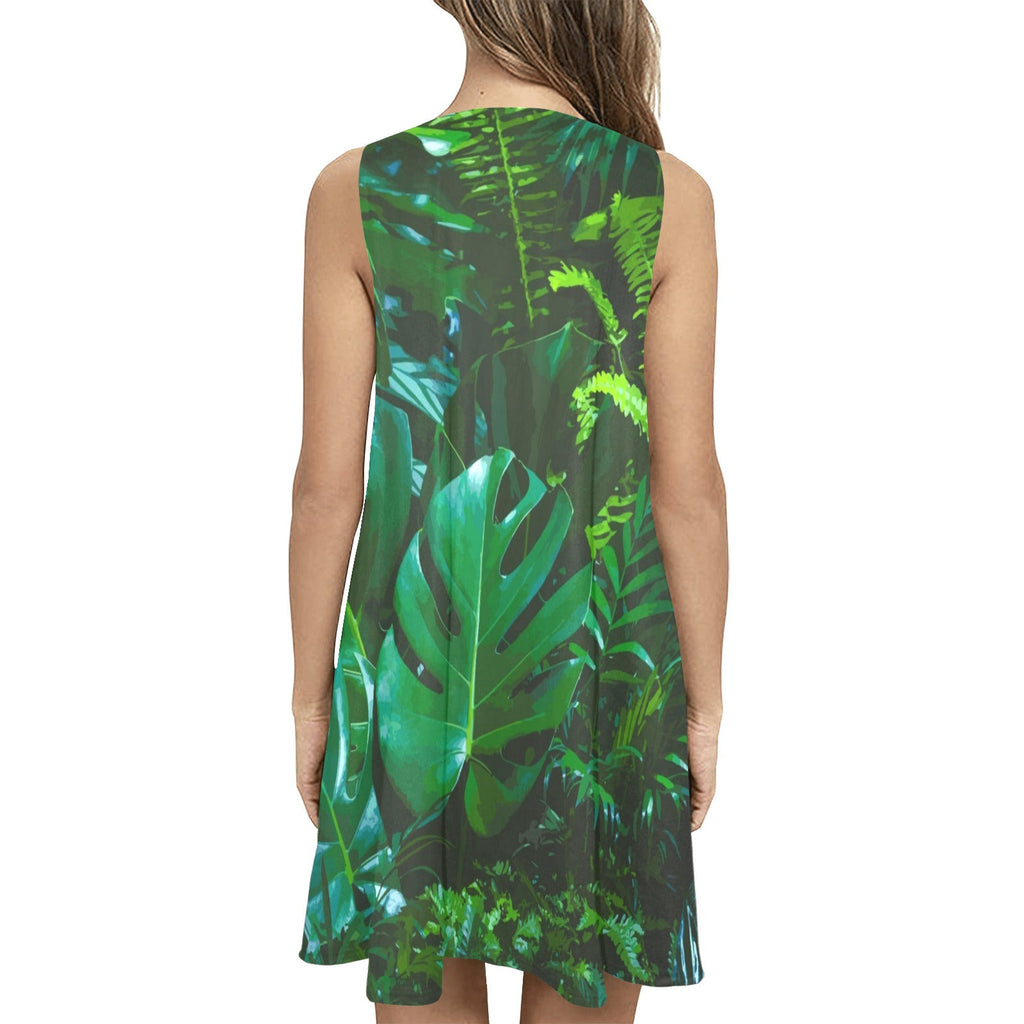 Giraffe Surrounded by Greenery Sleeveless A-Line Short Dress with Pockets