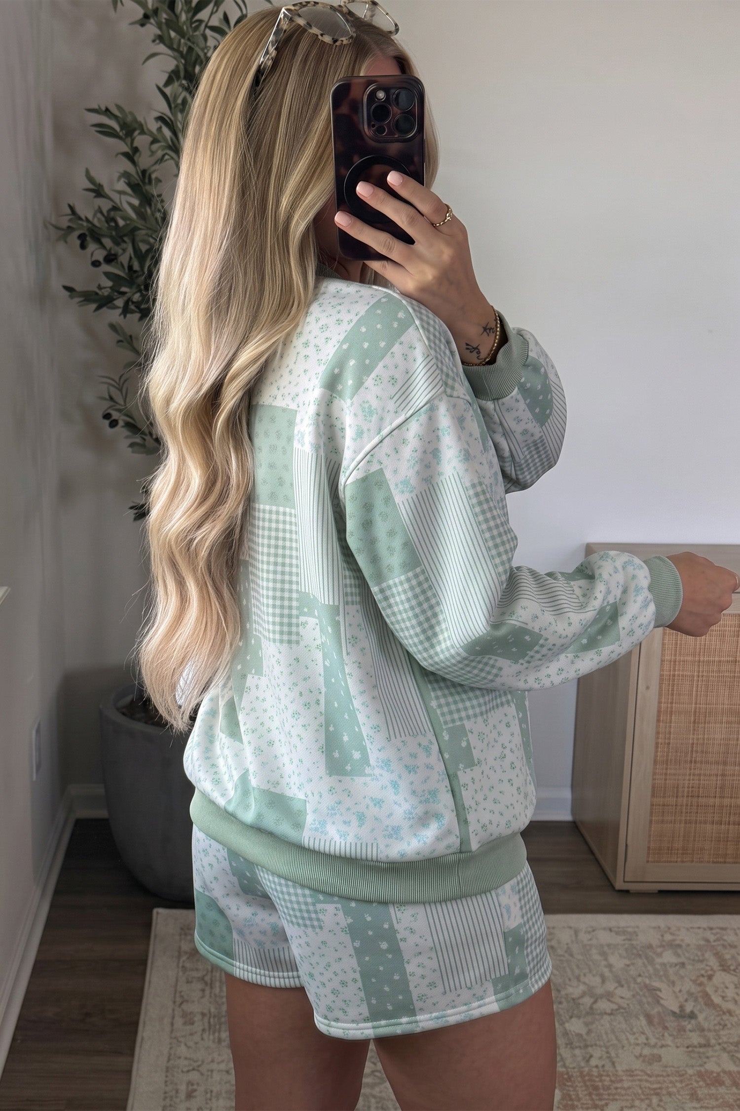 Floral Patchwork Sweatshirt & Drawstring Shorts Set