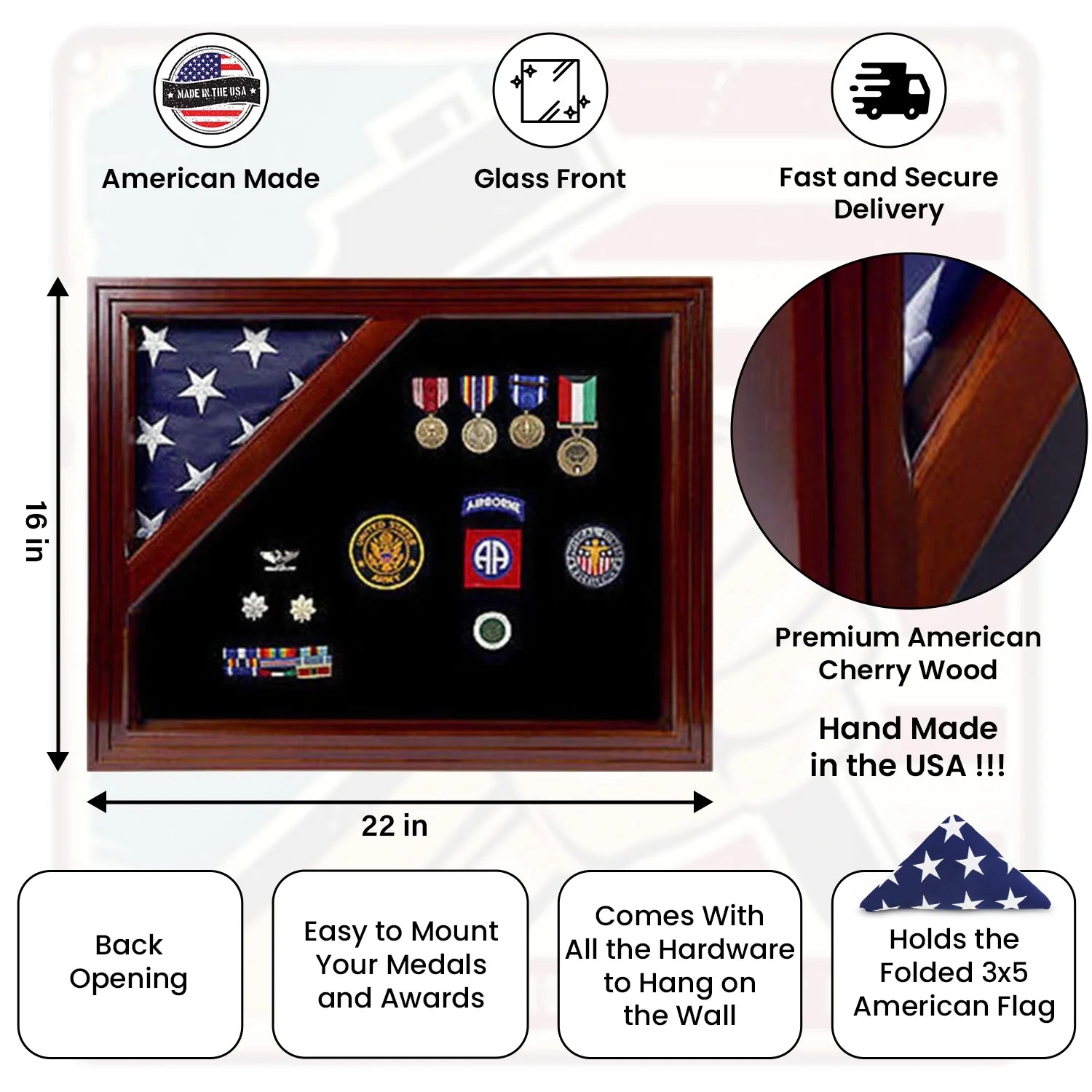 American Corner flag and medal display case, Fit 5 x 9.5 Casket Flag.