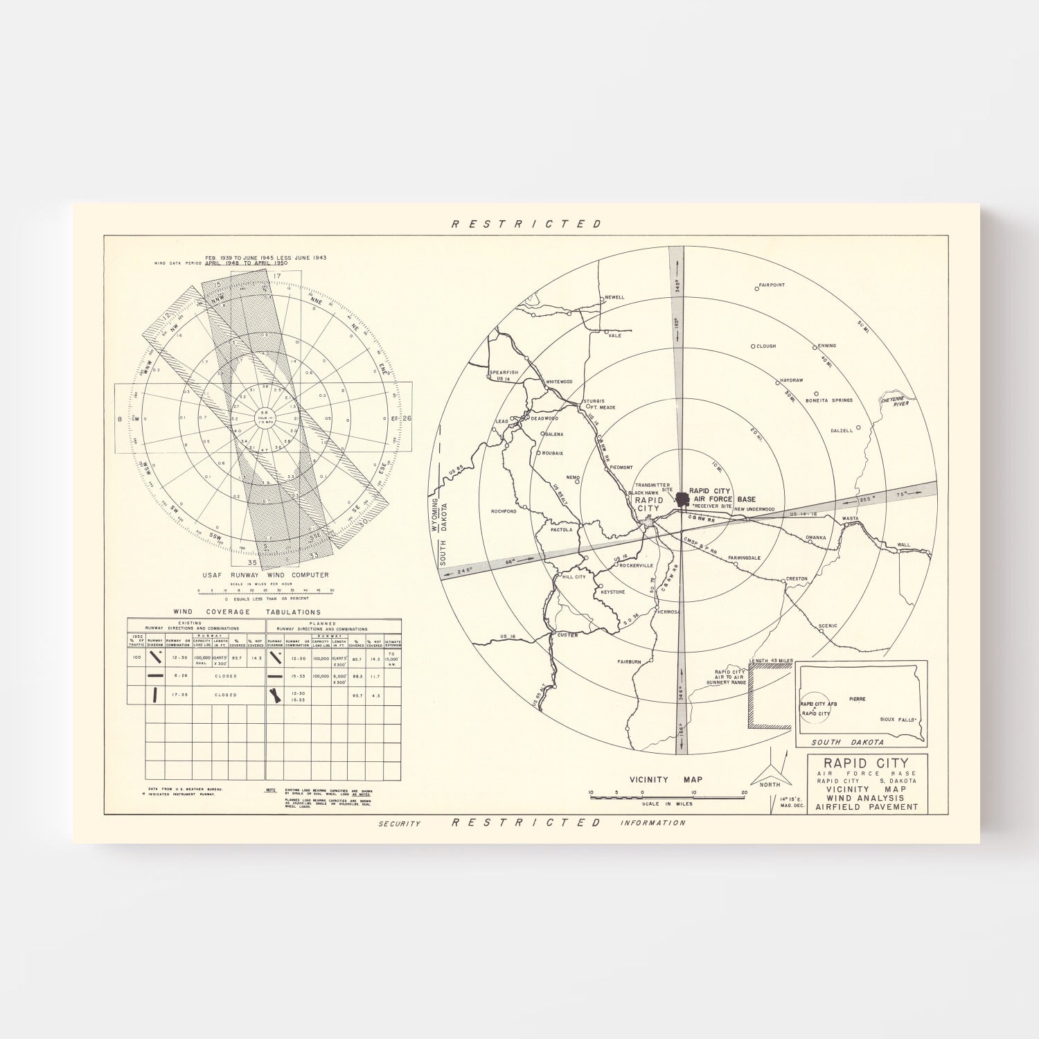 Vintage Map of the Rapid City Air Force Base Vicinity, 1952