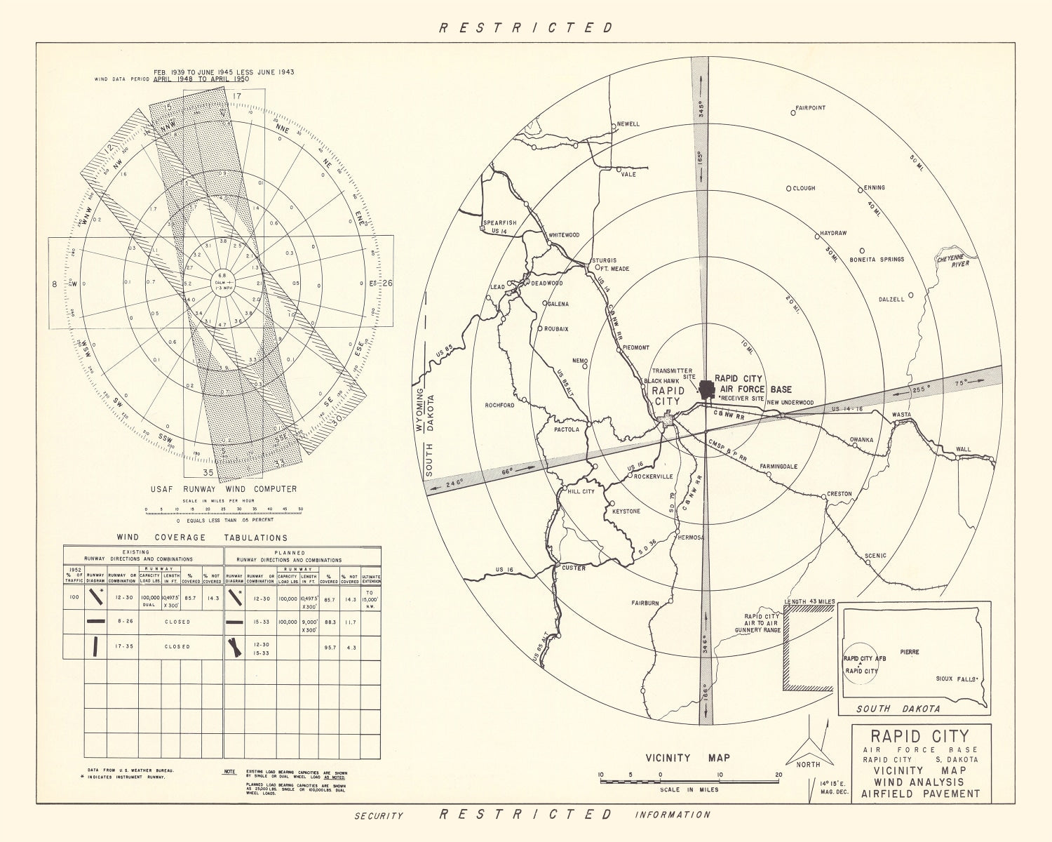 Vintage Map of the Rapid City Air Force Base Vicinity, 1952