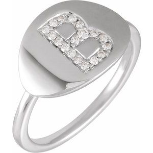 14K White Gold 1/8 CTW Natural Diamond Initial B Signet Ring