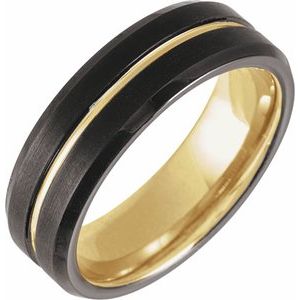 18K Yellow Gold PVD & Black PVD Tungsten 7 mm Beveled-Edge Grooved Comfort-Fit Band Size 8