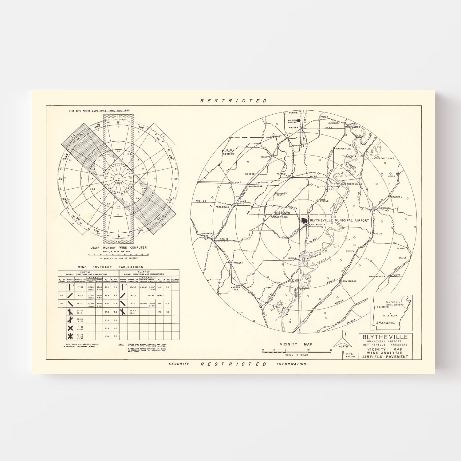 Vintage Map of the Blytheville Municipal Airport Vicinity, 1952