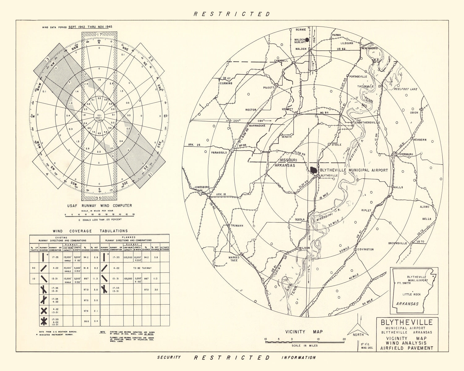 Vintage Map of the Blytheville Municipal Airport Vicinity, 1952