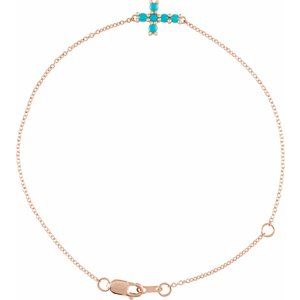 14K Rose Gold Natural Turquoise Sideways Cross 6 1/2-7 1/2" Bracelet