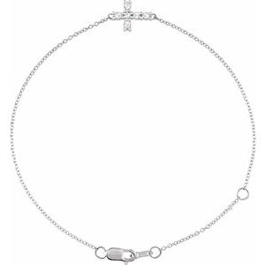 14K White Gold 1/8 CTW Rose-Cut Natural Diamond Sideways Cross 6 1/2-7 1/2" Bracelet