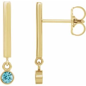 14K Yellow Gold Natural Blue Zircon Bar Earrings