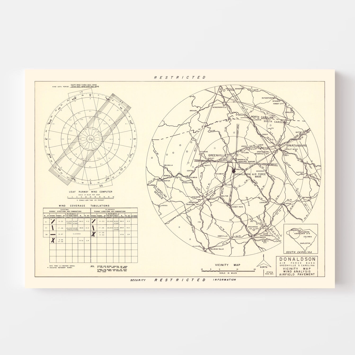 Vintage Map of the Donaldson Air Force Base Vicinity, 1952