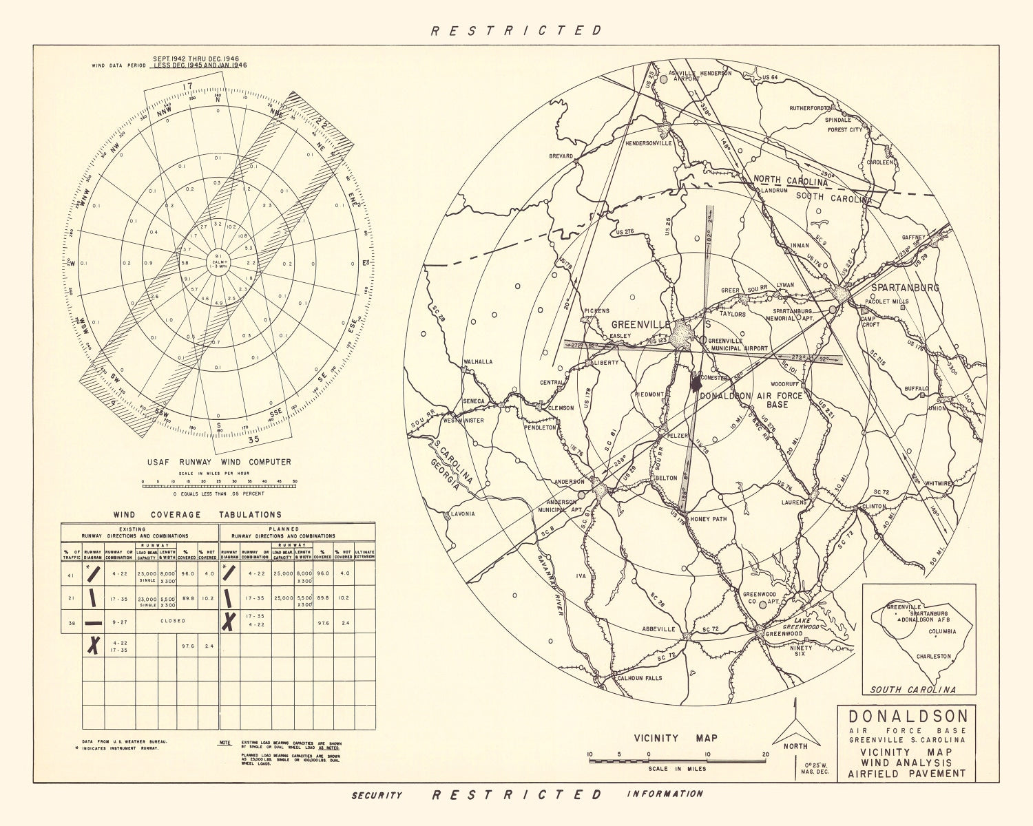 Vintage Map of the Donaldson Air Force Base Vicinity, 1952