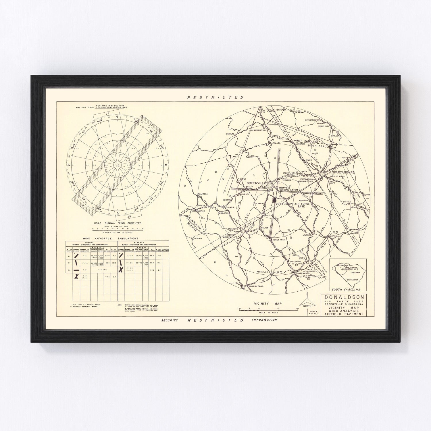 Vintage Map of the Donaldson Air Force Base Vicinity, 1952