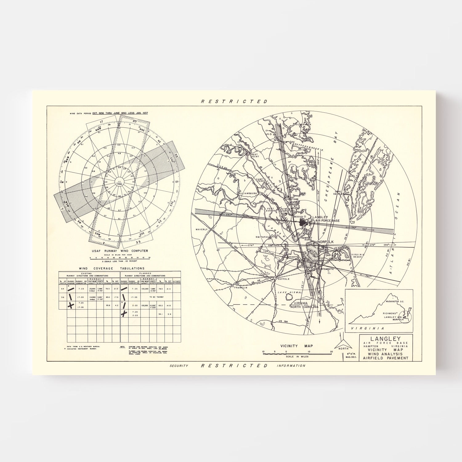 Vintage Map of the Langley Air Force Base Vicinity, 1951
