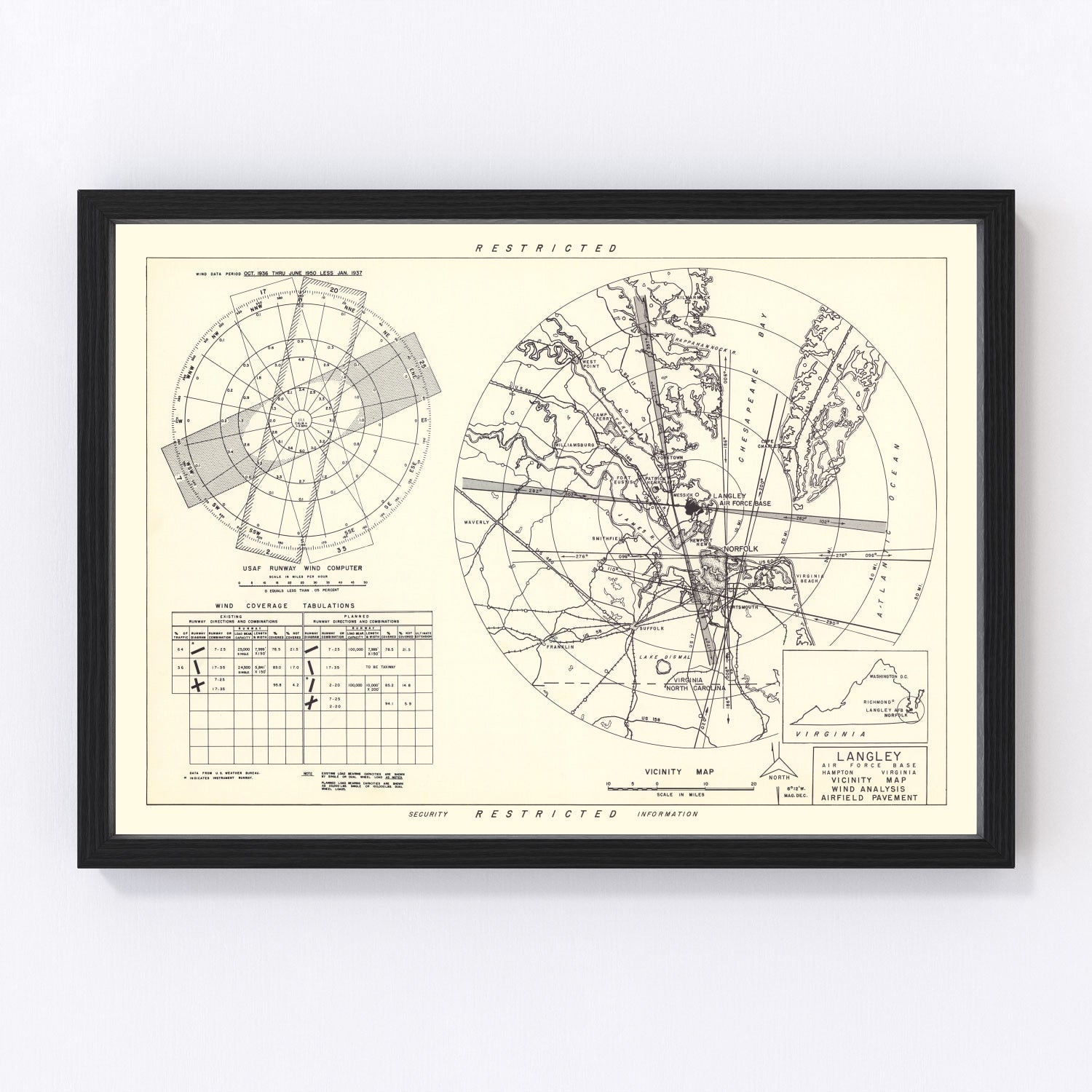 Vintage Map of the Langley Air Force Base Vicinity, 1951