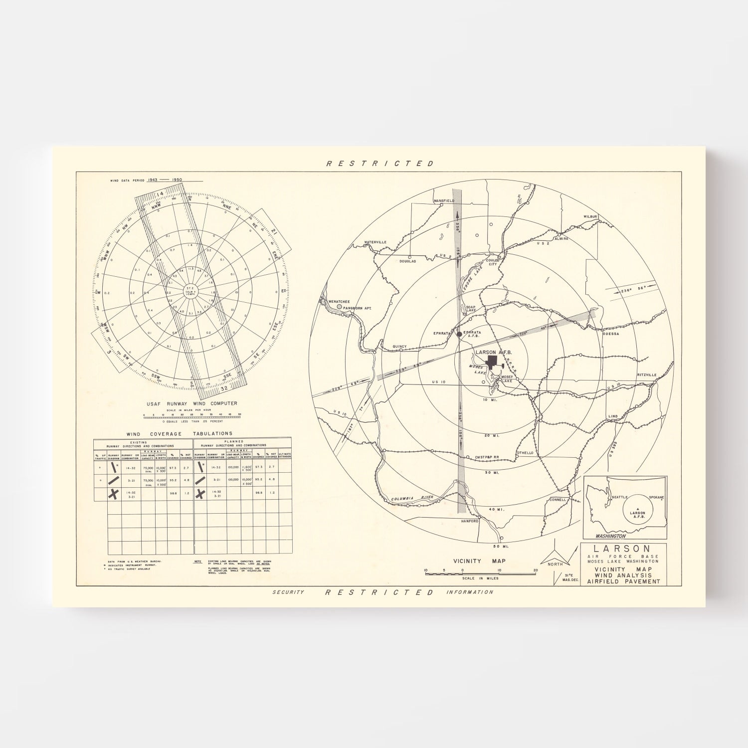 Vintage Map of the Larson Air Force Base Vicinity, 1951
