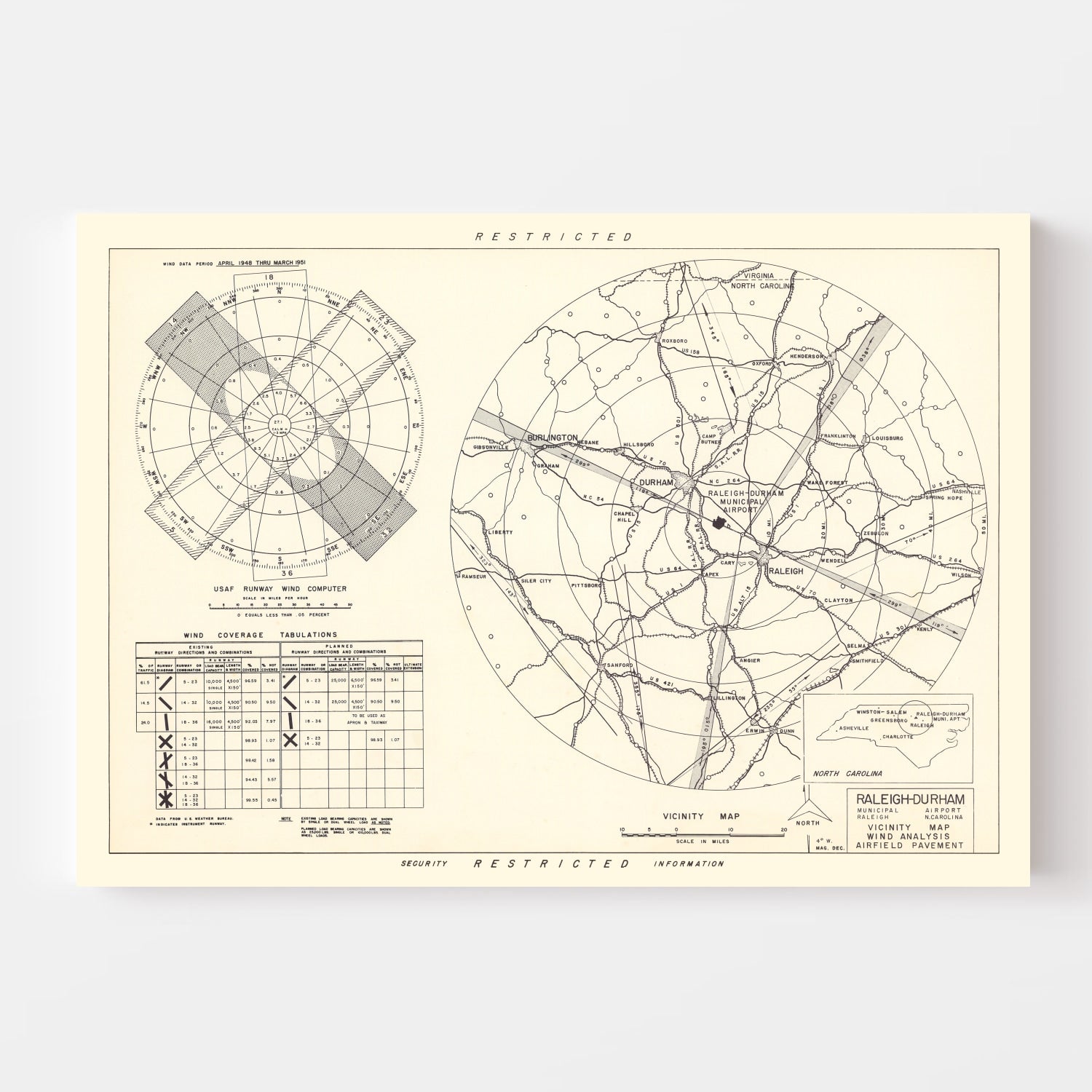 Vintage Map of the Raleigh - Durham Municipal Airport Vicinity, 1952