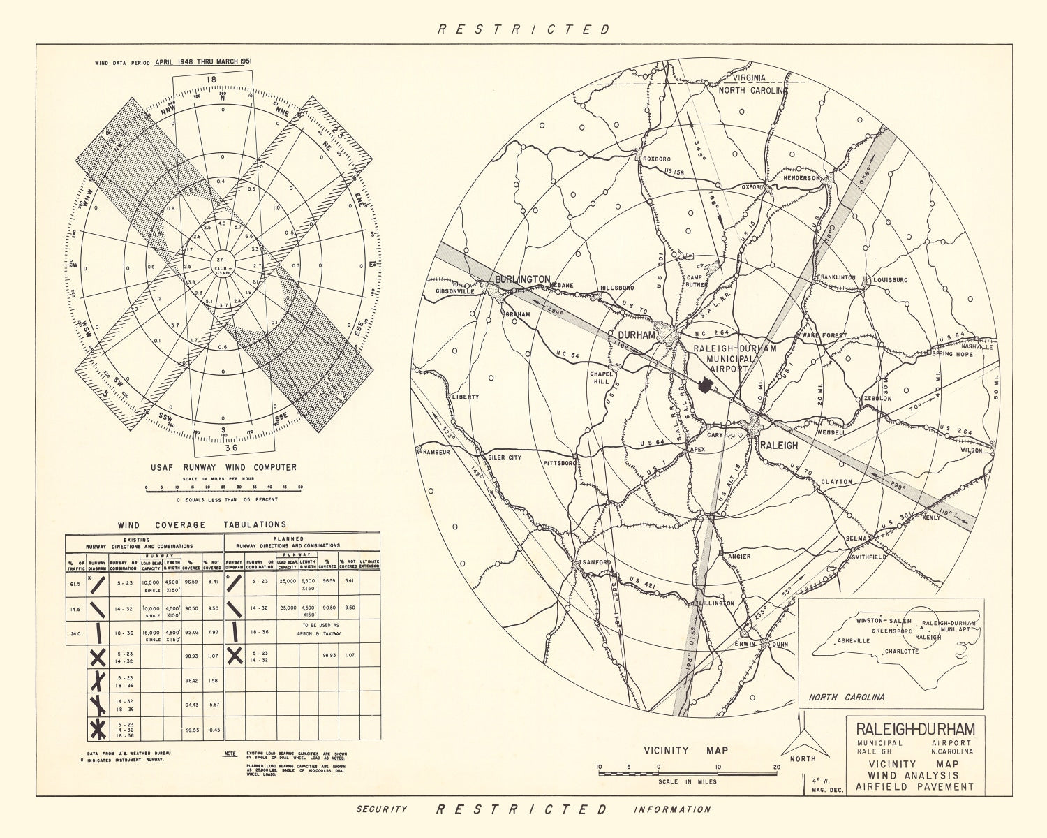 Vintage Map of the Raleigh - Durham Municipal Airport Vicinity, 1952