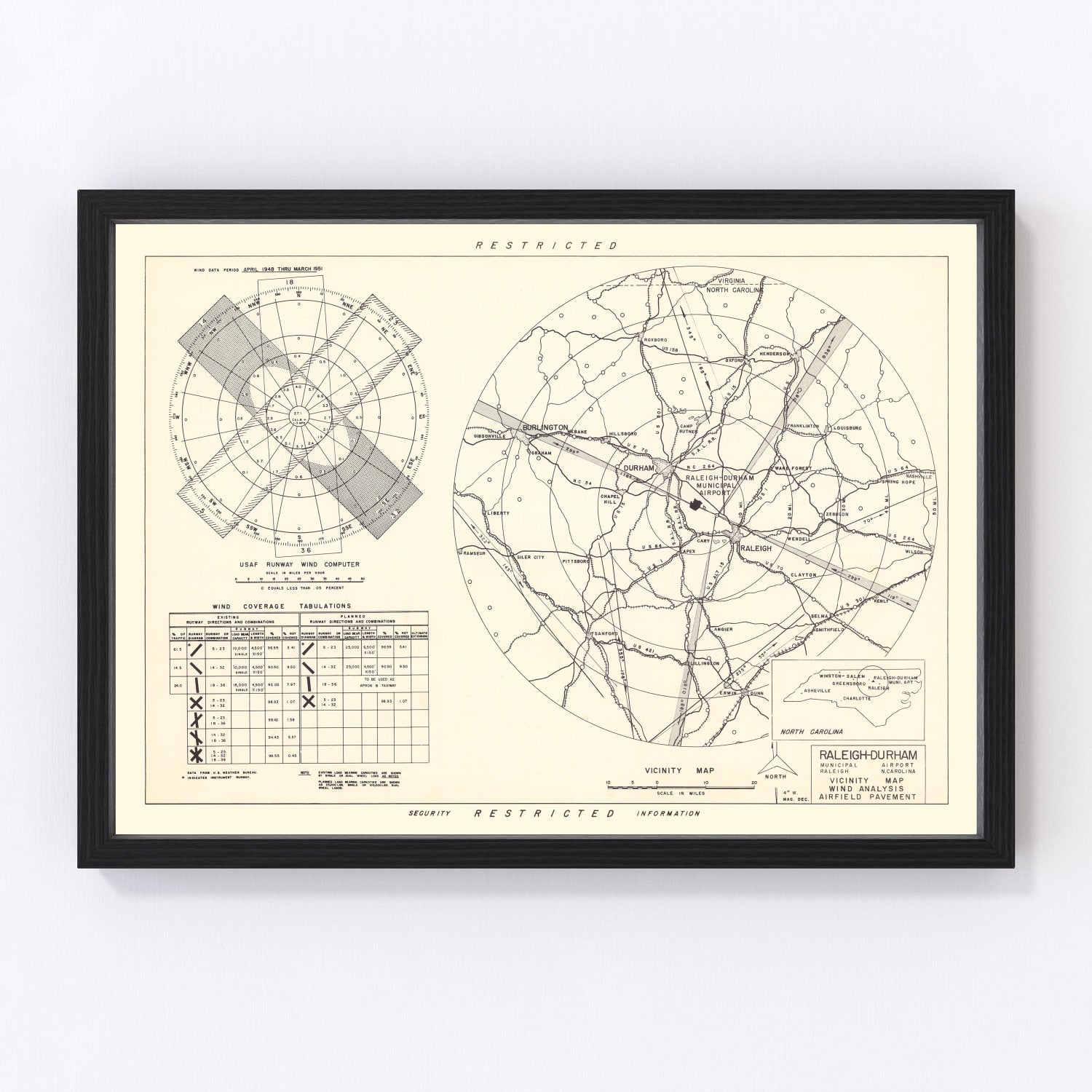 Vintage Map of the Raleigh - Durham Municipal Airport Vicinity, 1952