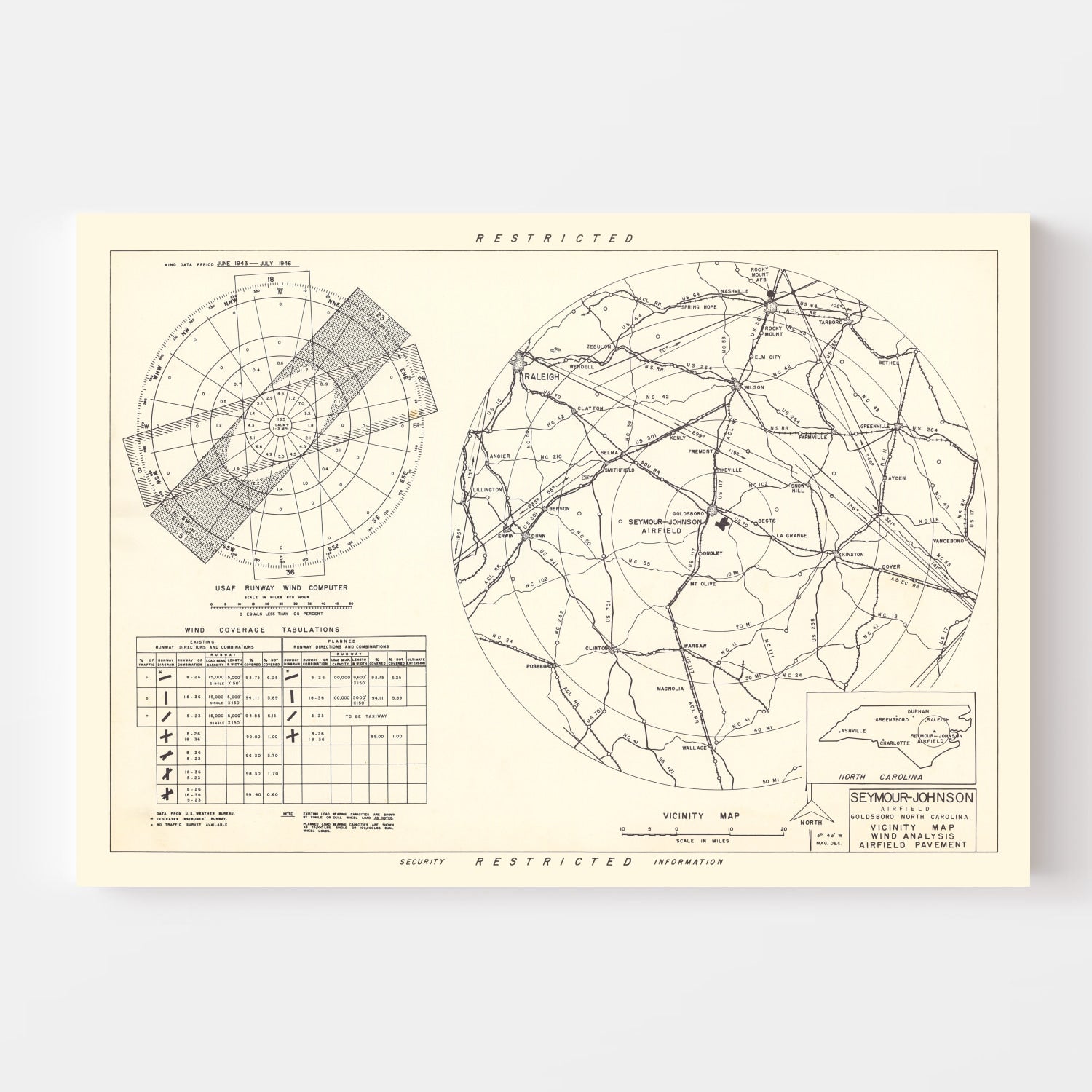 Vintage Map of the Seymour - Johnson Air Base Vicinity, 1953