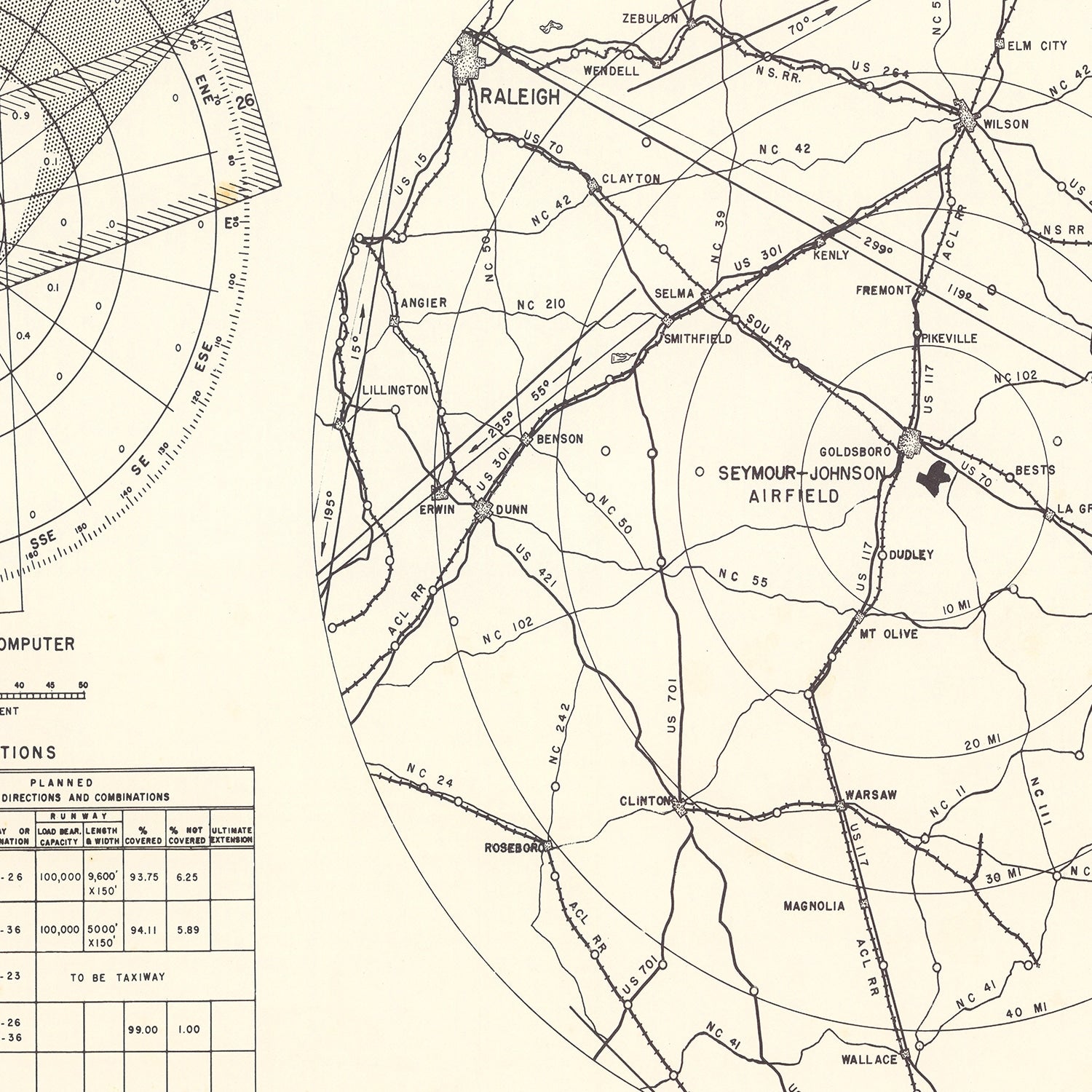 Vintage Map of the Seymour - Johnson Air Base Vicinity, 1953