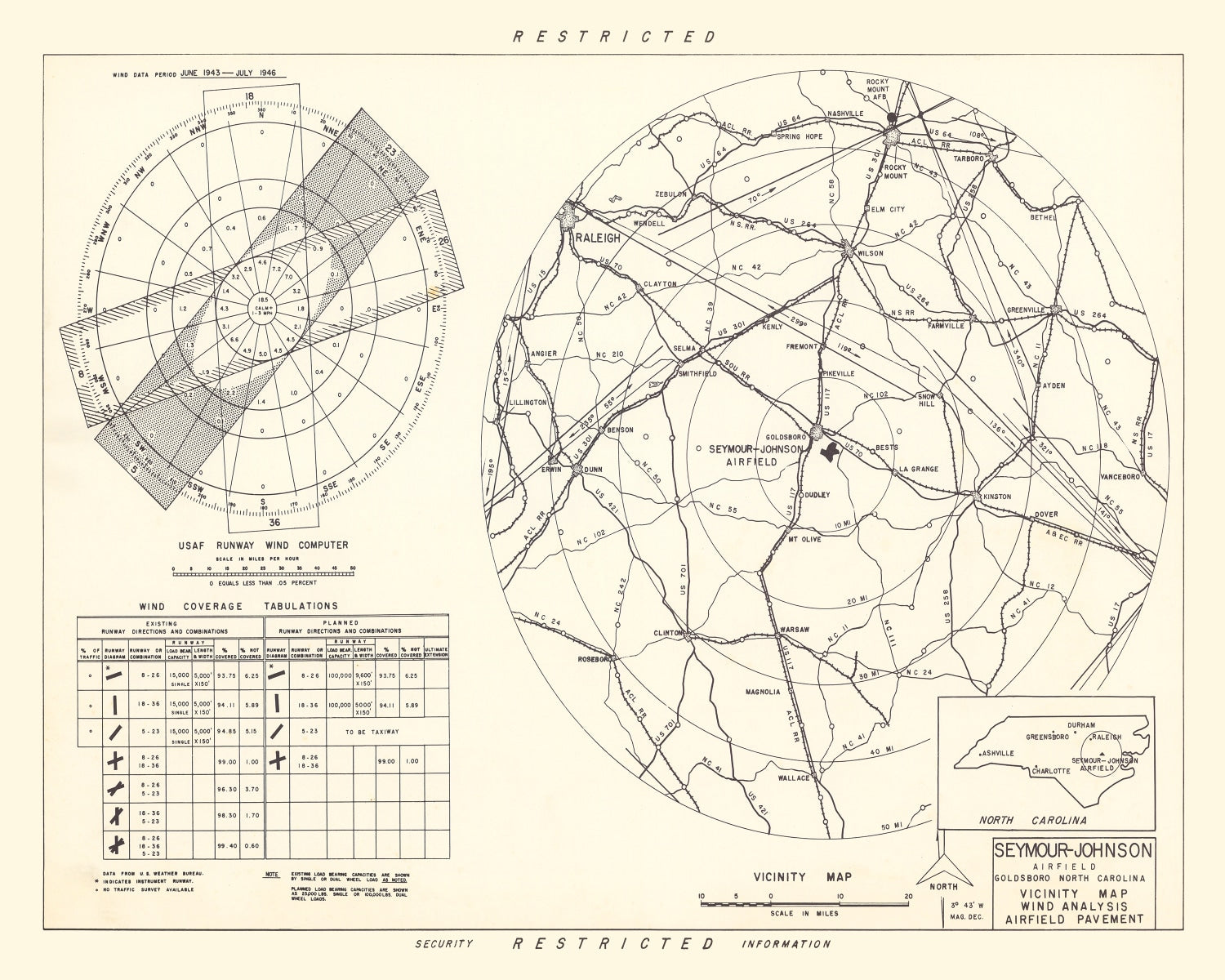 Vintage Map of the Seymour - Johnson Air Base Vicinity, 1953