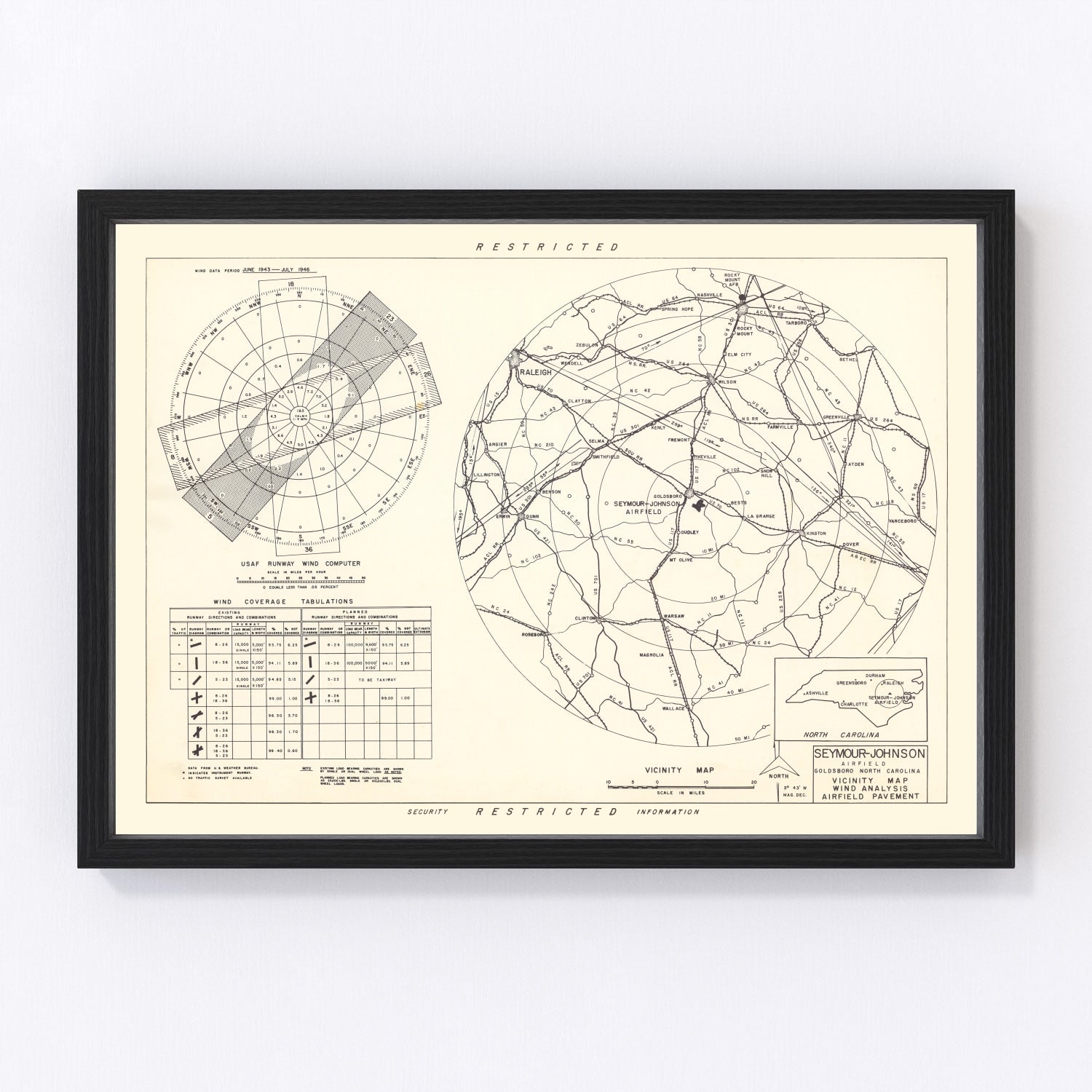 Vintage Map of the Seymour - Johnson Air Base Vicinity, 1953