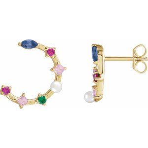 14K Yellow Gold Cultured White Freshwater Pearl & Natural Multi-Gemstone Earrings