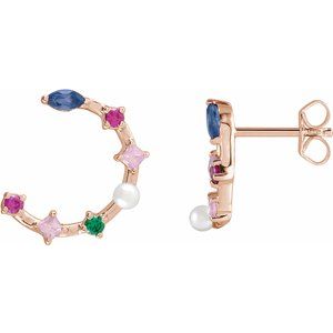 14K Rose Gold Cultured White Freshwater Pearl & Natural Multi-Gemstone Earrings