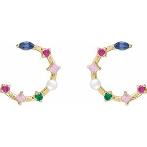 14K Yellow Gold Cultured White Freshwater Pearl & Natural Multi-Gemstone Earrings – image 2