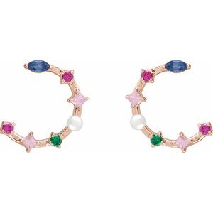 14K Rose Gold Cultured White Freshwater Pearl & Natural Multi-Gemstone Earrings