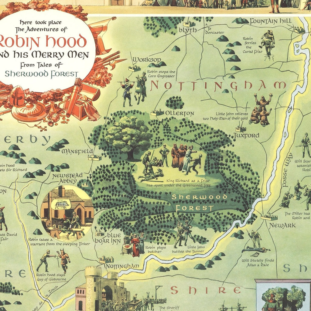 Vintage Map of the Adventures of Robin Hood, 1955