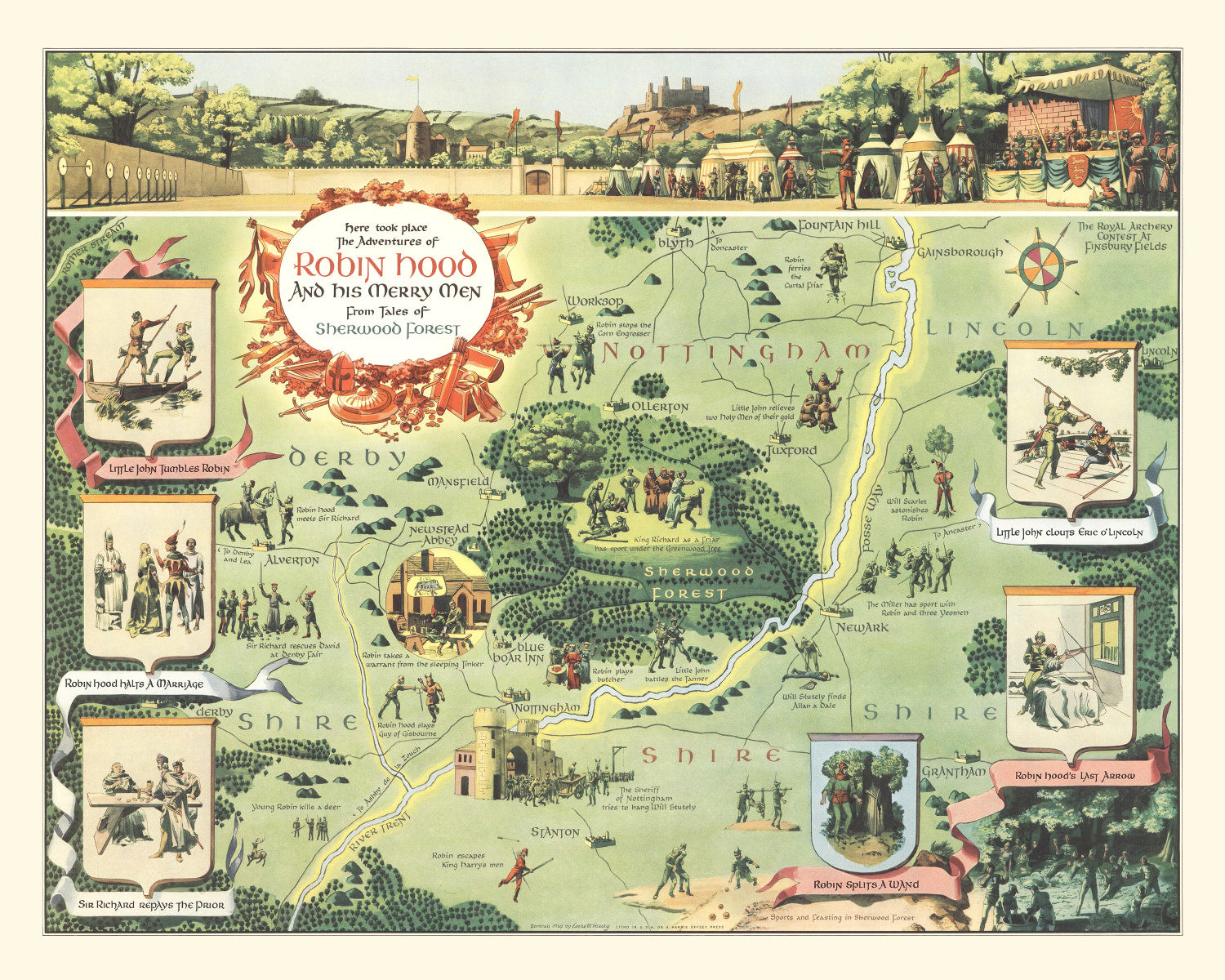 Vintage Map of the Adventures of Robin Hood, 1955