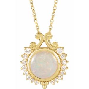 14K Yellow Gold Natural White Opal & 1/6 CTW Natural Diamond 
 16-18" Necklace