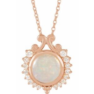 14K Rose Gold Natural White Opal & 1/6 CTW Natural Diamond 
 16-18" Necklace